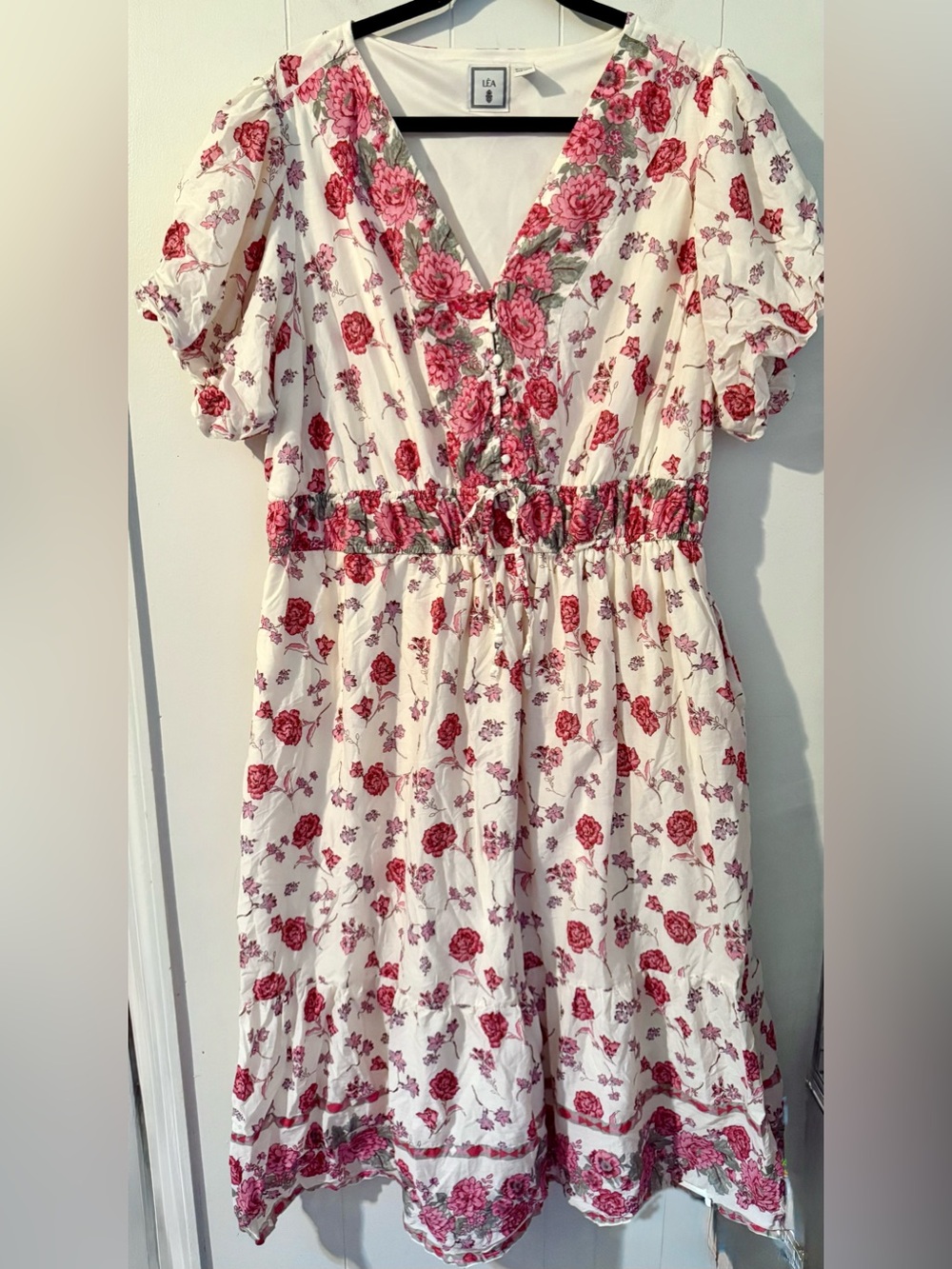 LEA Floral V-Neck Maxi Dress Cream Rose Boho Cottagecore 2X Flowy Cotton - Picture 2 of 10